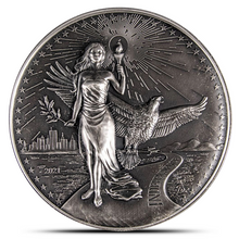 Load image into Gallery viewer, 2021 10 Oz Antique American Virtues Independence Silver Round (Ultra High Relief)