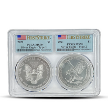 Load image into Gallery viewer, 2021 $1 PCGS MS70 Silver Eagle Type 1 and Type 2 Coin Set - First Strike Label (PSV 40) Metalstacks