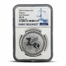 Load image into Gallery viewer, 2022 St. Helena S$1 Pegasus Early Release MS70 Metalstacks