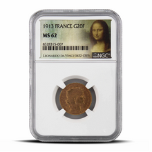 Load image into Gallery viewer, 1913 France G20F 20 Gold Franc MS62 - Mona Lisa Label MetalStacks
