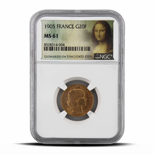 Load image into Gallery viewer, 1905 France G20F 20 Gold Franc MS61 - Mona Lisa Label MetalStacks
