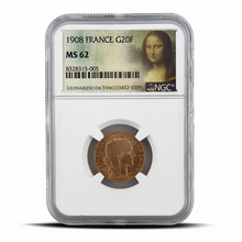 Load image into Gallery viewer, 1908 France G20F 20 Gold Franc MS62 - Mona Lisa Label MetalStacks