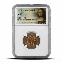 Load image into Gallery viewer, 1907 France G20F 20 Gold Franc MS61 - Mona Lisa Label MetalStacks