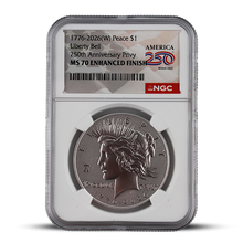Load image into Gallery viewer, 1776-2026(W) Peace Dollar NGC MS70 Enhanced Finish – America 250 Liberty Bell Privy (PSV 50)
