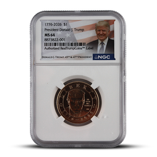 Load image into Gallery viewer, 2026 President Donald J. Trump America 250 $1 Coin – Authorized RealTrumpCoins Label – NGC MS64 (PSV 35)