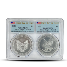 Load image into Gallery viewer, 2021 $1 PCGS MS70 Silver Eagle Type 1 and Type 2 Coin Set -First day of Issue Label (PSV 40) Metalstacks
