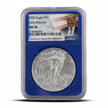 Load image into Gallery viewer, 2024 Eagle S$1 Early Releases MS70 - Donald J. Trump 45th President Label - NGC Blue Core (PSV 20) MetalStacks