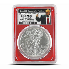Load image into Gallery viewer, 2022-(W) First Strike Silver Eagle Struck at West Point MS70 - Donald J. Trump 45th President Label - PCGS Red Core (PSV 20) MetalStacks