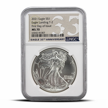 Load image into Gallery viewer, 2021 Eagle S$1 Eagle Landing T-2 First Day of Issue MS70 - Eagle 35th Anniversary Label (PSV 20) MetalStacks