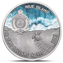 Load image into Gallery viewer, 2023 2 Oz Antique NIUE Loggerhead Sea Turtle Silver Coin