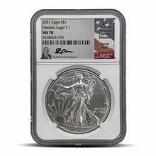 Load image into Gallery viewer, 2021 S$1 Heraldic Eagle T-1 MS70 - David Motl Authentic Hand Signed Metalstacks
