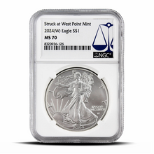 Load image into Gallery viewer, Struck at West Point Mint 2024(W) Eagle S$1 MS70 - Blue Scale Label Metalstacks