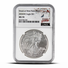 Load image into Gallery viewer, Struck at West Point Mint 2024(W) Eagle S$1 MS70 - Seasons Greetings Label MetalStacks