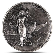 Load image into Gallery viewer, 2021 10 Oz Antique American Virtues Independence Silver Round (Ultra High Relief)
