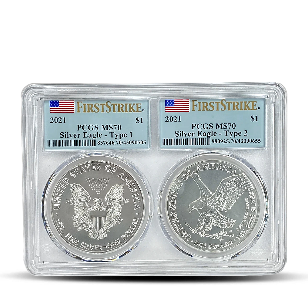 2021 $1 PCGS MS70 Silver Eagle Type 1 and Type 2 Coin Set - First ...