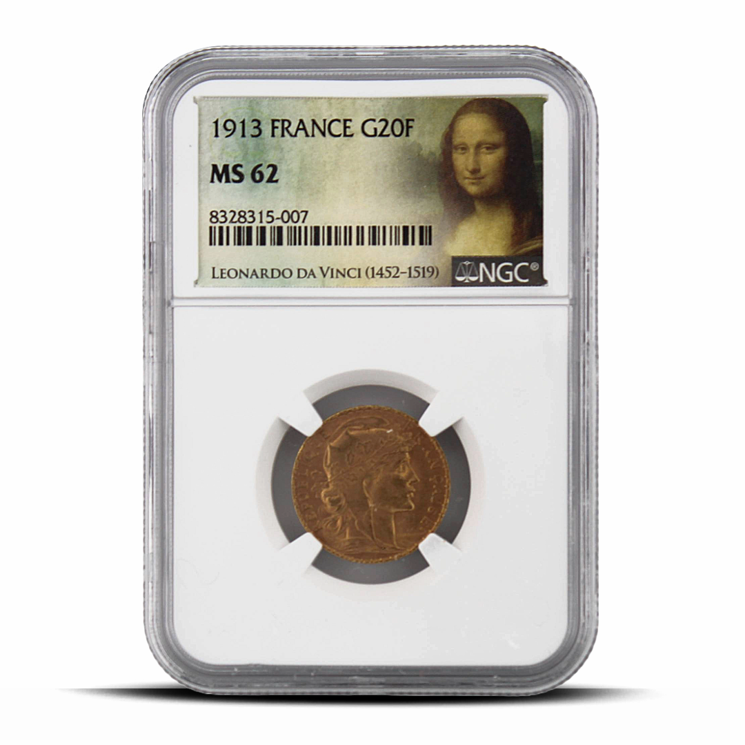 1913 France G20F 20 Gold Franc MS62 - Mona Lisa Label