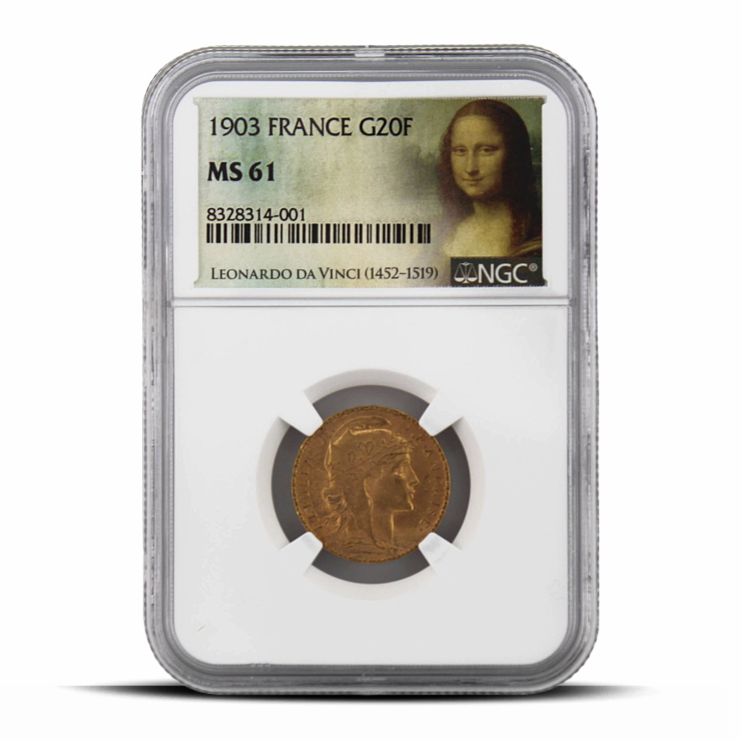 1903 France G20F 20 Gold Franc MS61 - Mona Lisa Label