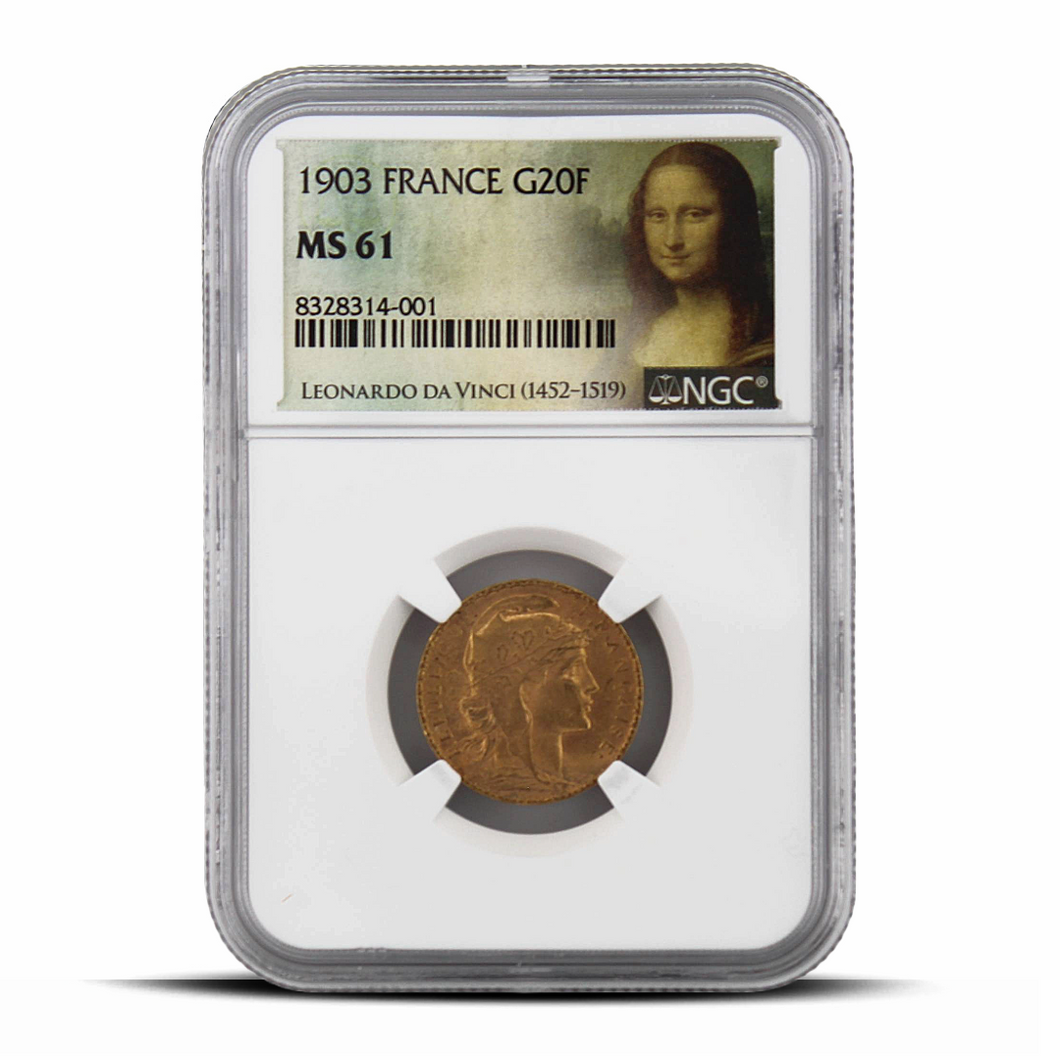 1903 France G20F 20 Gold Franc MS61 - Mona Lisa Label