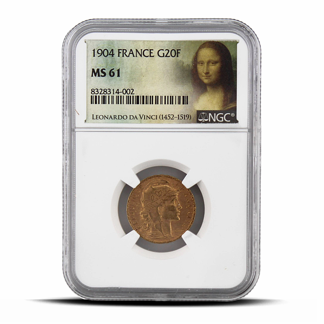 1904 France G20F 20 Gold Franc MS61 - Mona Lisa Label