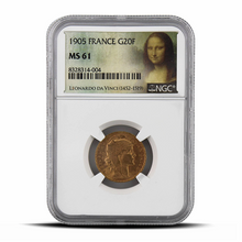 Load image into Gallery viewer, 1905 France G20F 20 Gold Franc MS61 - Mona Lisa Label
