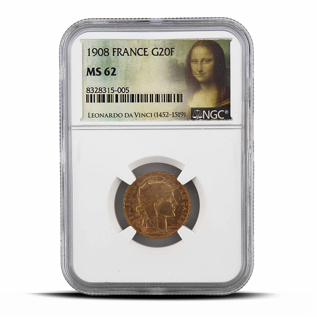 1908 France G20F 20 Gold Franc MS62 - Mona Lisa Label