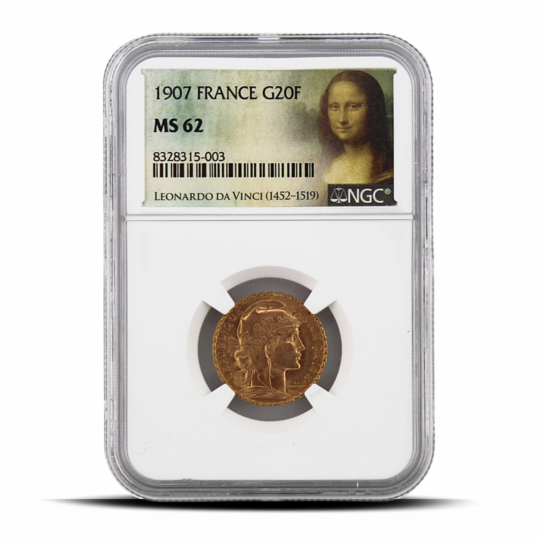 1907 France G20F 20 Gold Franc MS62 - Mona Lisa Label