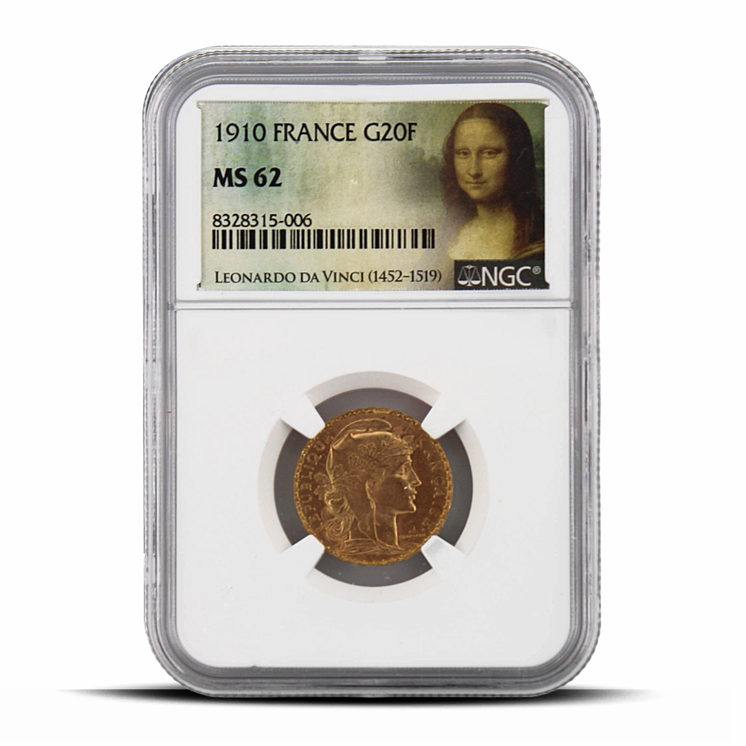 1910 France G20F 20 Gold Franc MS62 - Mona Lisa Label