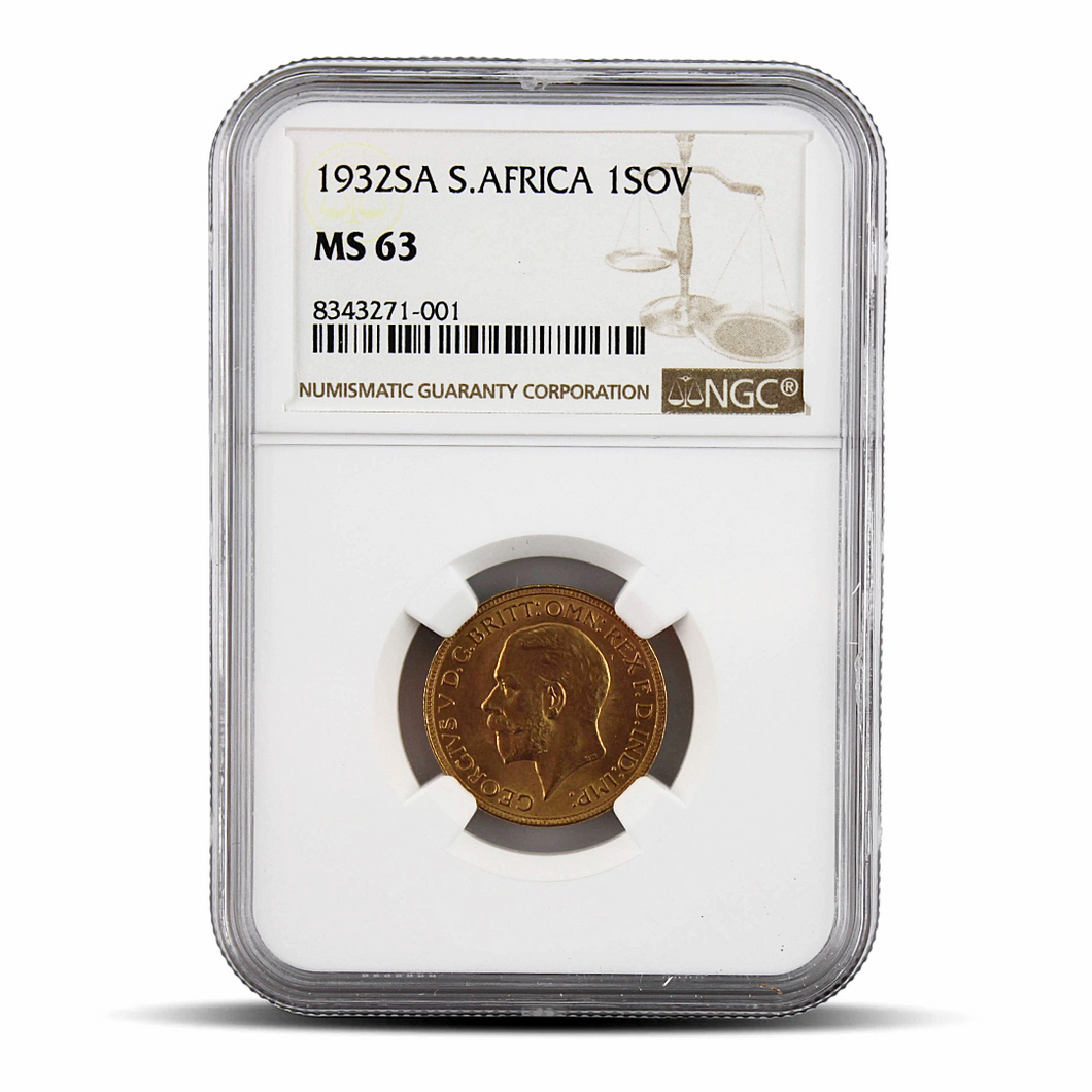 1932SA South Africa 1 Sovereign MS63 Gold Coin - Brown Scale Label MetalStacks