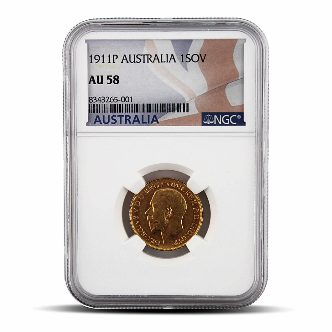 1911P Australia 1 Sovereign AU58 - Australia Flag Label