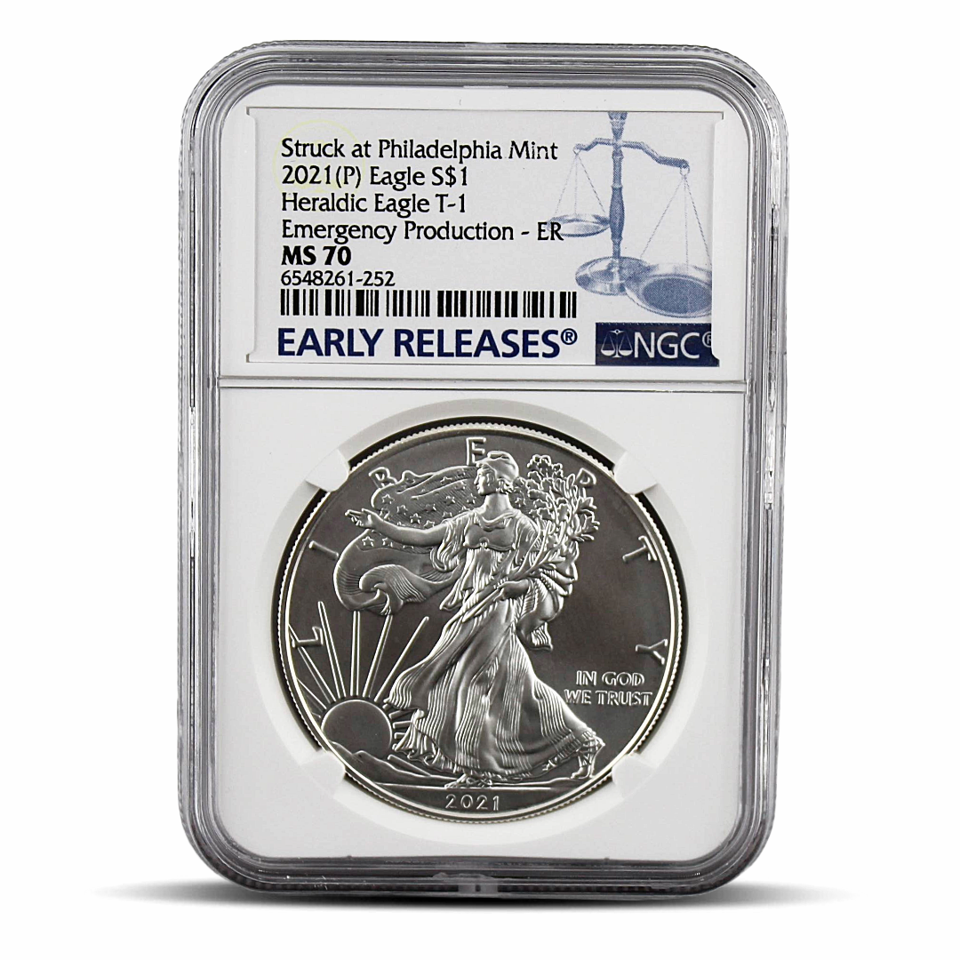 2021(P) American Silver Eagle Type 1 – MS 70 Early Releases - Emergency Production - NGC Blue Scale Label (PSV 20)