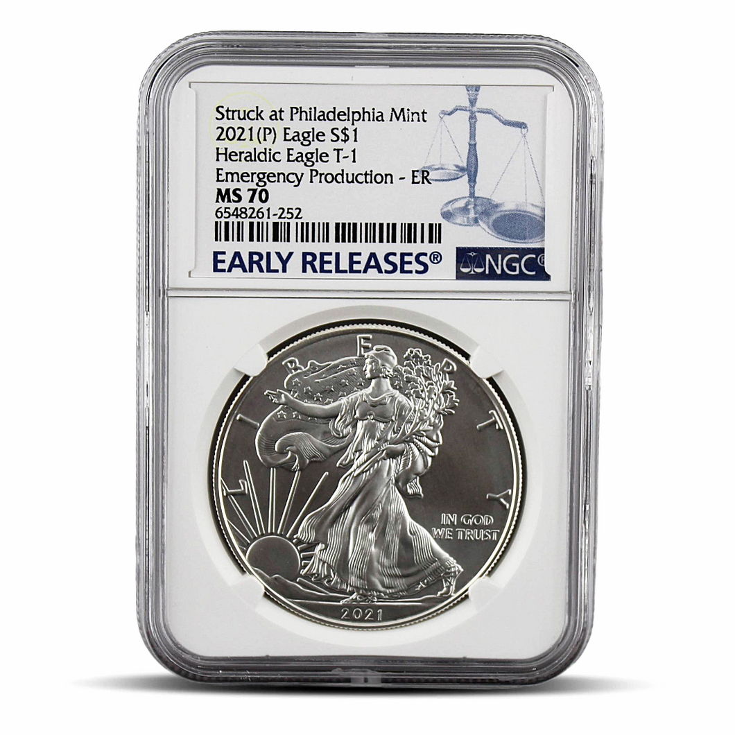 2021(P) American Silver Eagle Type 1 – MS 70 Early Releases - Emergency Production - NGC Blue Scale Label (PSV 20)