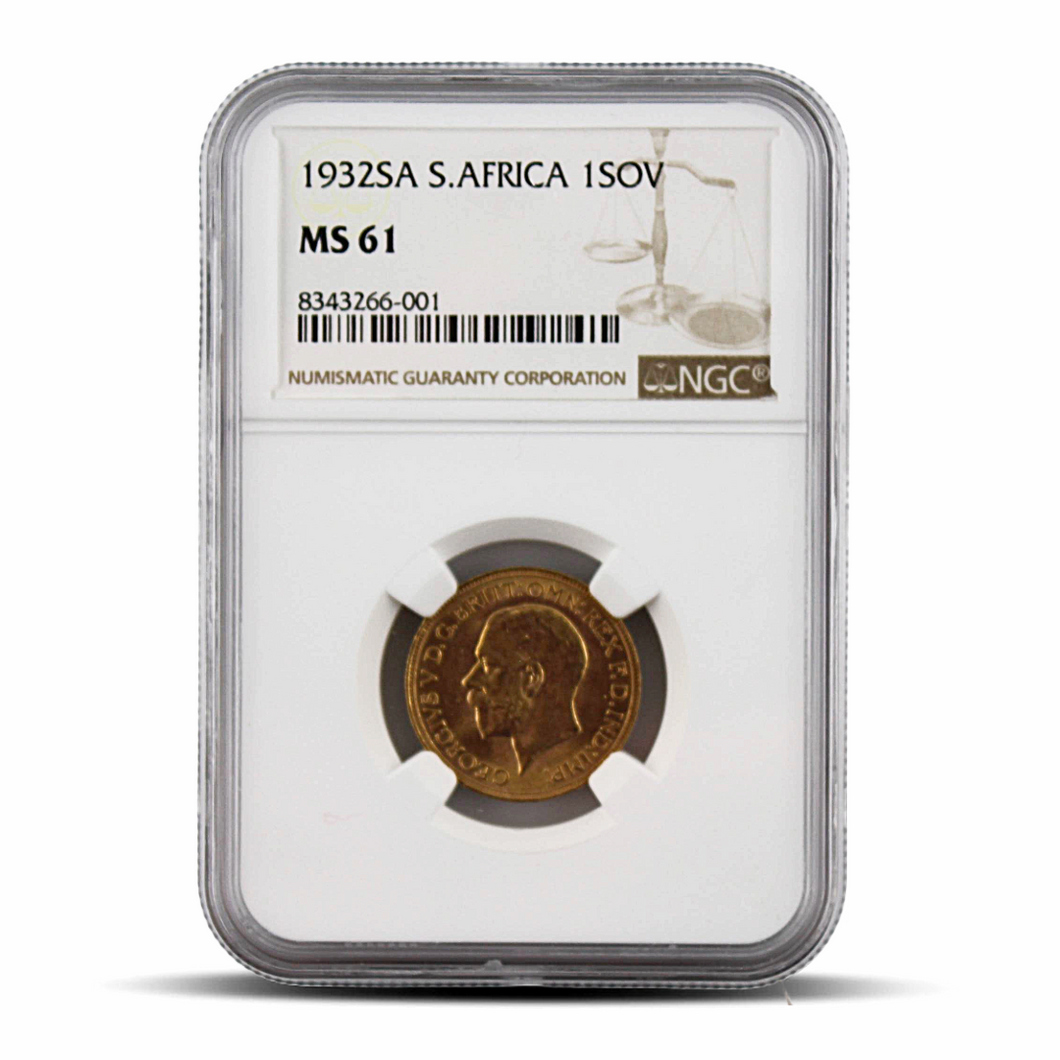 1932SA South Africa 1 Sovereign MS61 Gold Coin - Brown Scale Label