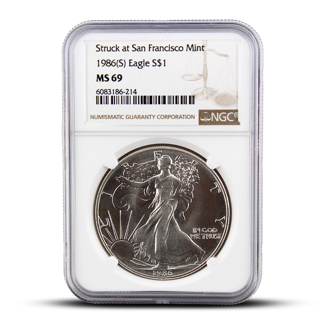 Struck at San Francisco Mint 1986 1986(S) Eagle S$1 MS69 - Brown Scale Label (PSV 40)