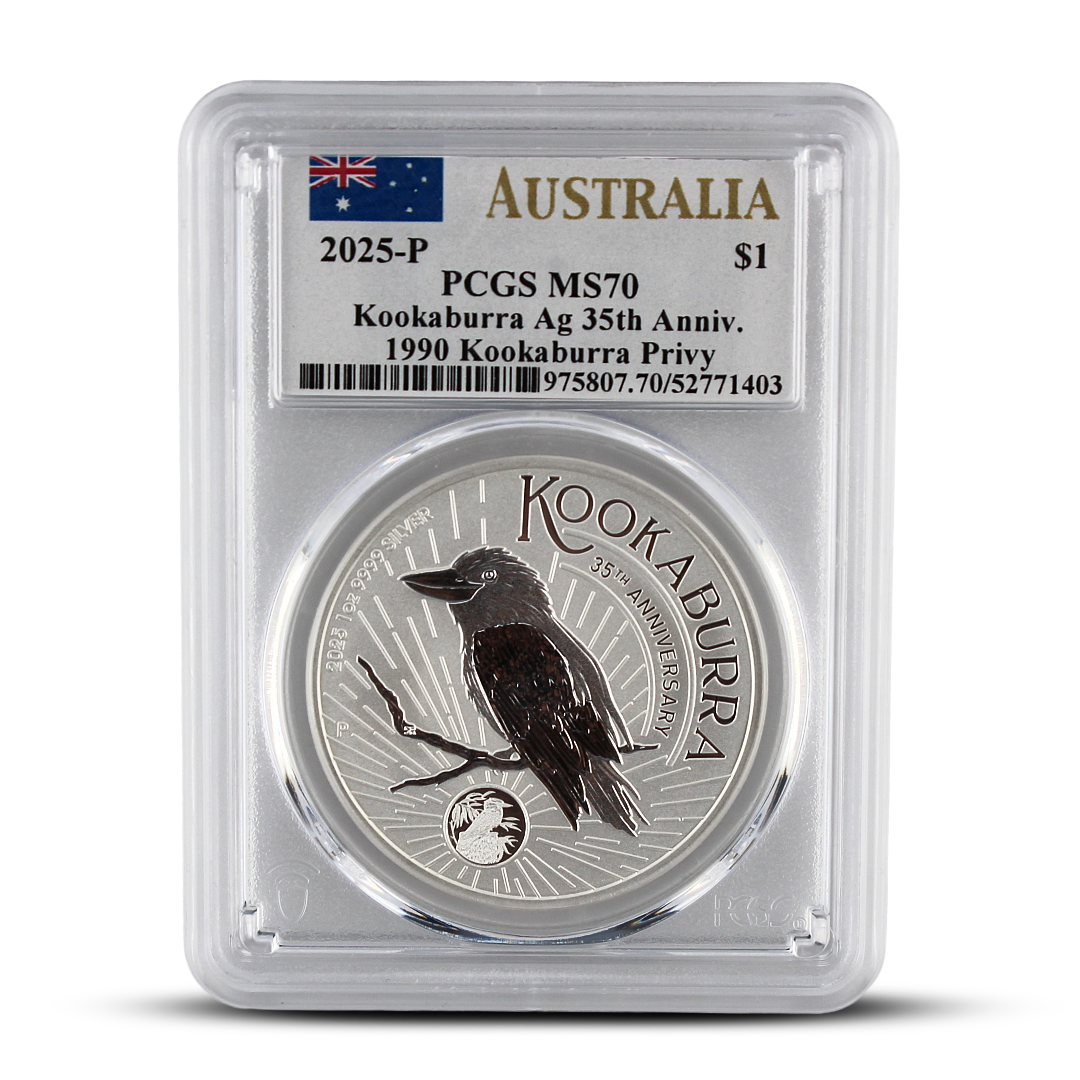 2025-P PCGS MMS70 Kookaburra Ag 35th Anniversary Australia Flag Label