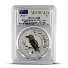 Load image into Gallery viewer, 2025-P PCGS MMS70 Kookaburra Ag 35th Anniversary Australia Flag Label

