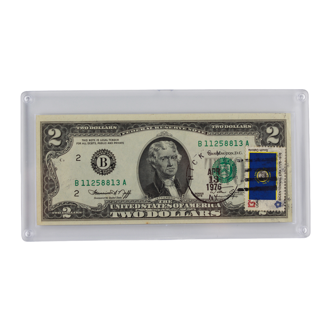 $2 U.S. Note - Series of 1976 with FDI Green Seal with South Dakota Bicentennial Stamp (PSV 25)