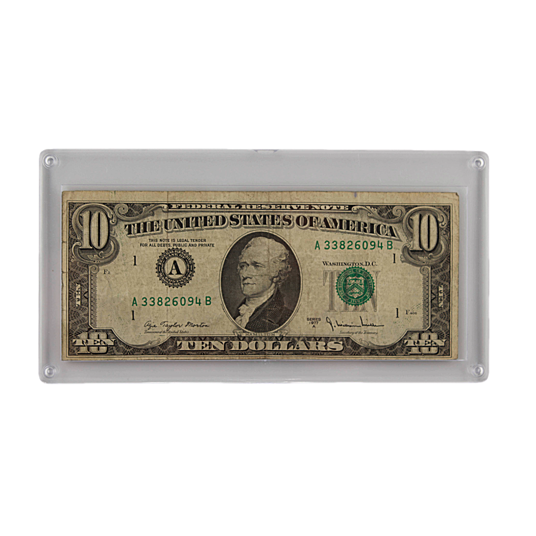 $10 Federal Reserve Note - Series 1977A - Boston Hamilton Miscut (PSV 20)