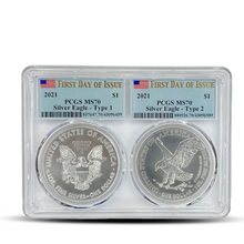Load image into Gallery viewer, 2021 First Day Of Issue PCGS MS70 Type 1 and Type 2 Coin Set PSV (40)
