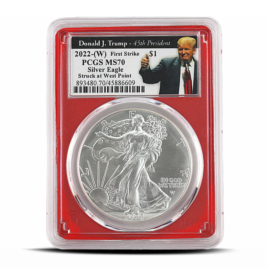 2022-(W) First Strike Silver Eagle Struck at West Point MS70 - Donald J. Trump 45th President Label - PCGS Red Core (PSV 20)