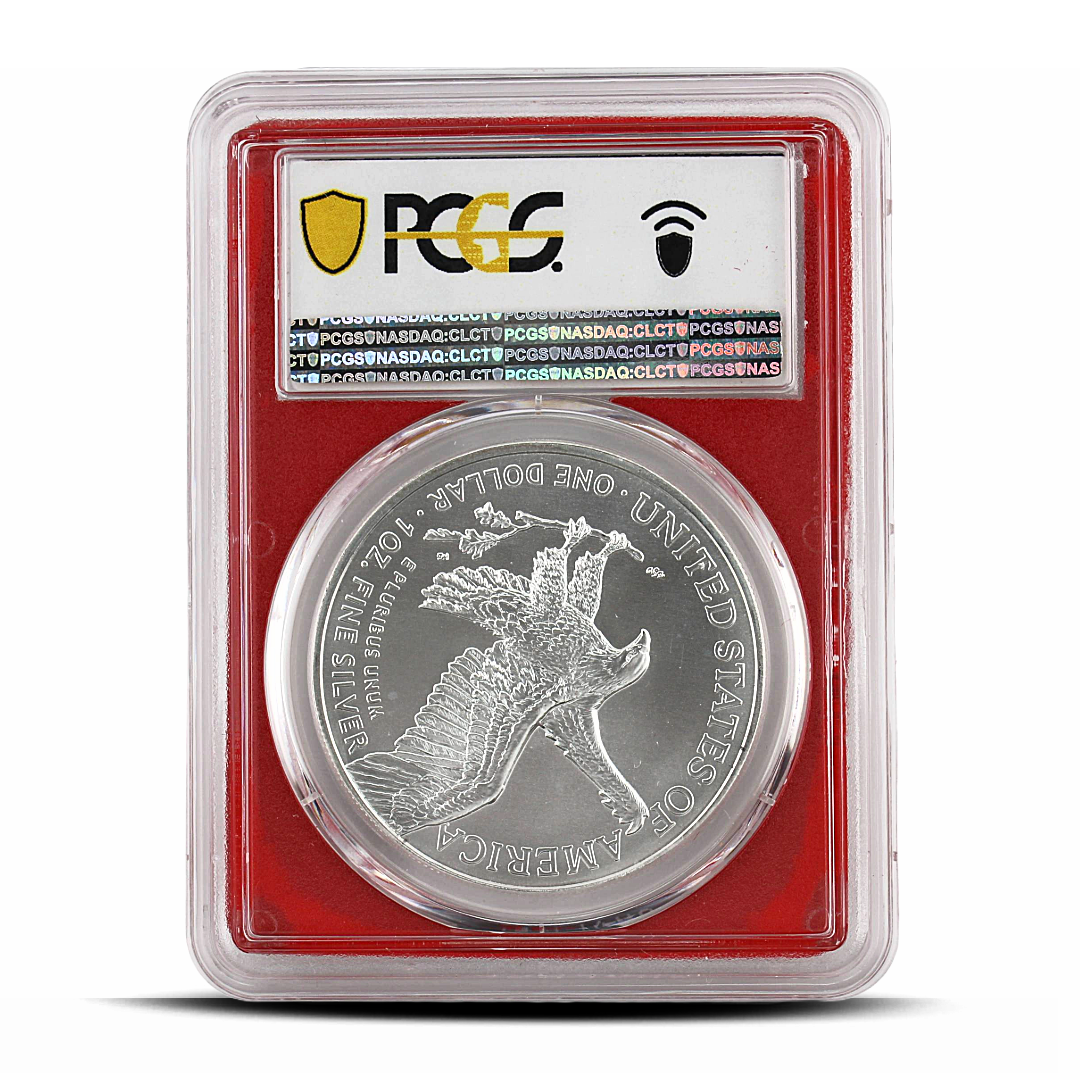 2022-(W) First Strike Silver Eagle Struck at West Point MS70 - Donald J. Trump 45th President Label - PCGS Red Core (PSV 20)