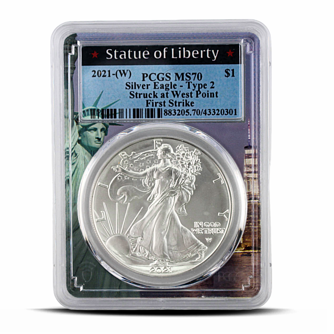 2021-(W) MS70 Silver Eagle Type 2 Struck at West Point First Strike - Statue of Liberty Label (PSV 30)