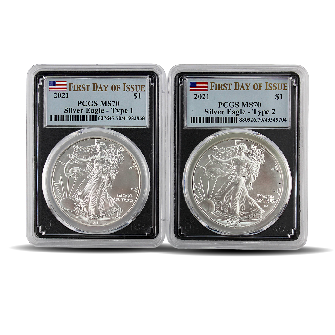 2021 First Day of Issue MS70 Silver Eagle Set - Type 1 & Type 2 - PCGS Black Core (PSV 50)