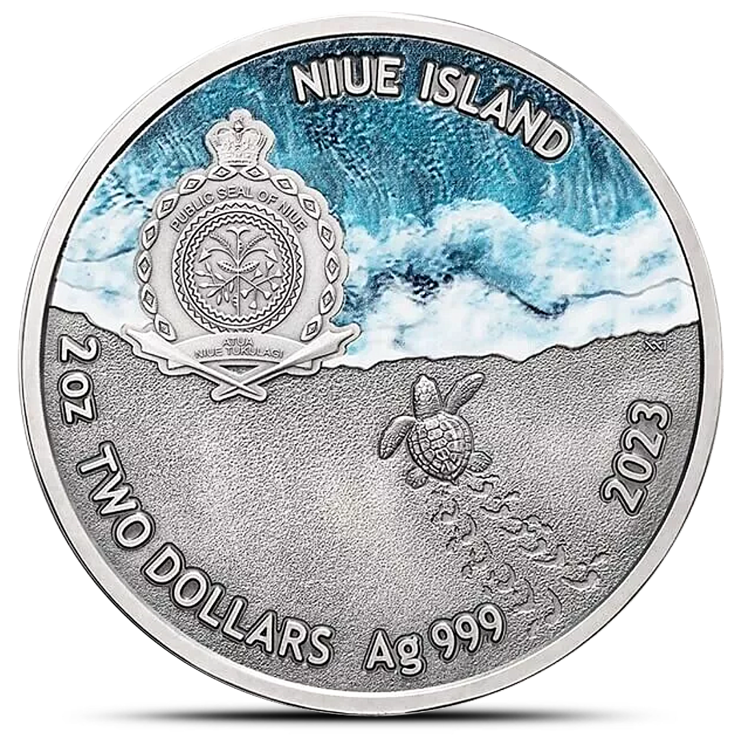 2023 2 Oz Antique NIUE Loggerhead Sea Turtle Silver Coin