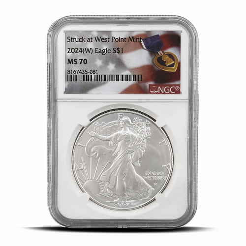 2024 (W) Eagle S$1 Struck at West Point Mint MS70 - Purple Heart Medal Label MetalStacks