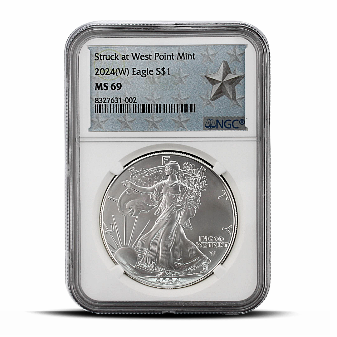 Struck at West Point Mint 2024(W) Eagle S$1 MS69 - West Point Mint Silver Star Label (PSV 25)